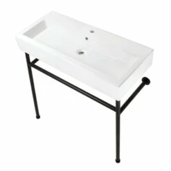 Kingston Brass Fauceture VPB39170ST New Haven 39'' Porcelain Console Sink With Stainless Steel Legs (Single-Hole), White/Matte Black