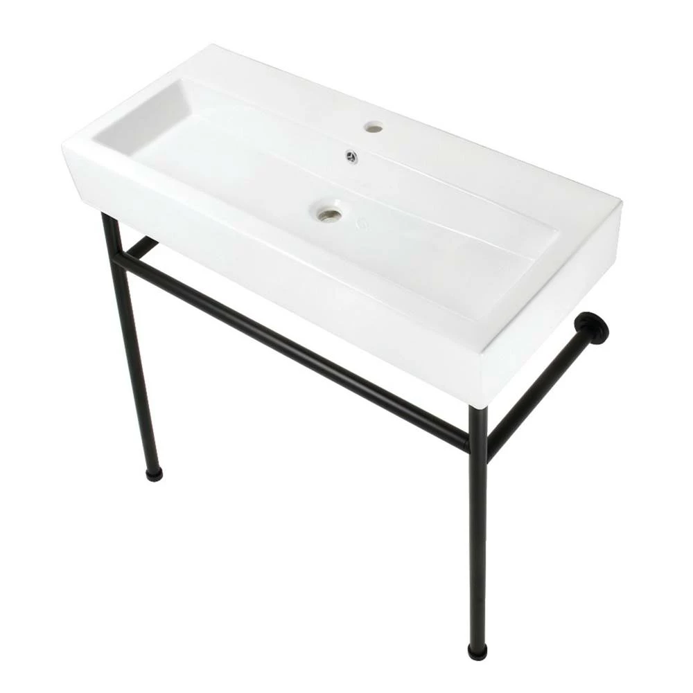 Kingston Brass Fauceture VPB39170ST New Haven 39'' Porcelain Console Sink With Stainless Steel Legs (Single-Hole), White/Matte Black 3 Kingston Brass Fauceture VPB39170ST New Haven 39'' Porcelain Console Sink With Stainless Steel Legs (Single-Hole), White/Matte Black