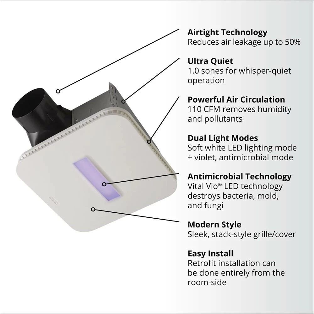 Broan Nutone NuTone® SurfaceShield™ Exhaust Fan W/ LED And Vyv™ Antimicrobial Virus Killing* Light, 110 CFM 12 Broan Nutone NuTone® SurfaceShield™ Exhaust Fan W/ LED And Vyv™ Antimicrobial Virus Killing* Light, 110 CFM - Image 10
